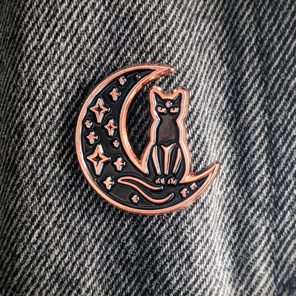 Celestial Cat Moon Enamel Pin Polished Copper